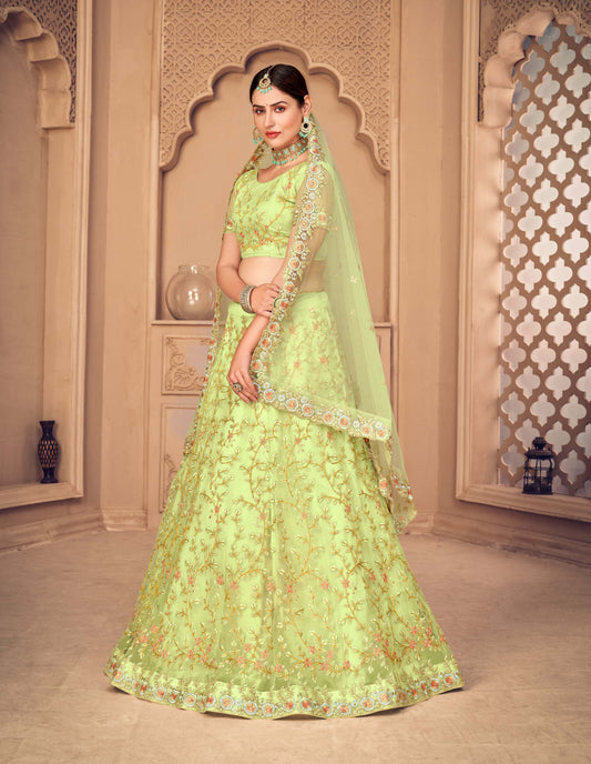 Pista Green Color Embroidered Net Lehenga