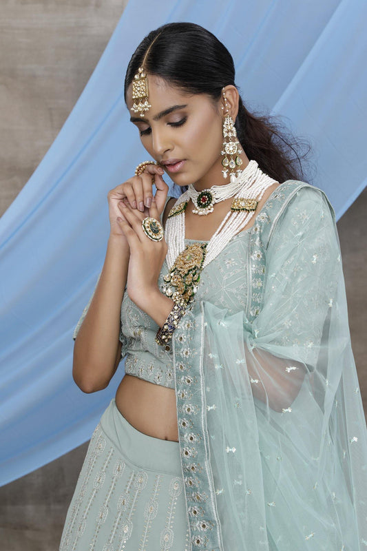 Dusty Green Georgette Bridal Lehenga Choli with Thread, gota patti embroidered work