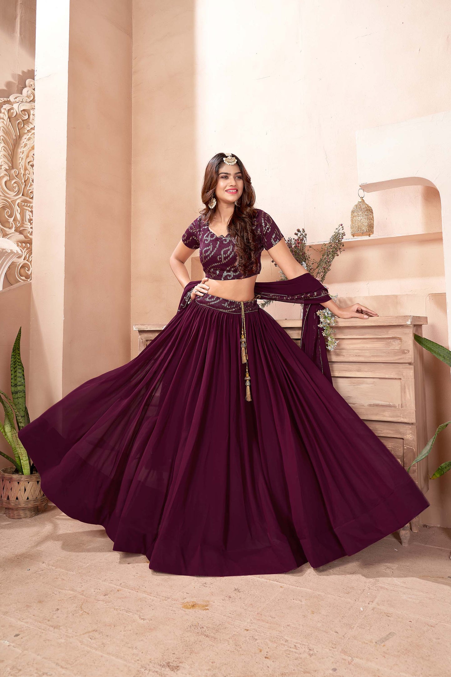 Purple Color Faux Georgette Sequins Lehenga