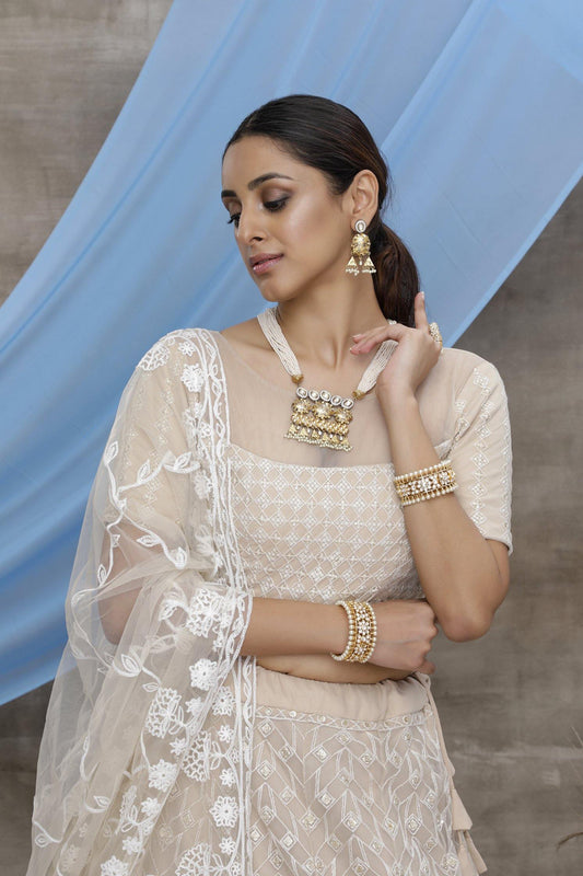 Beige Net Bridal Lehenga Choli with Sequince Embroidered Work - Glamou al