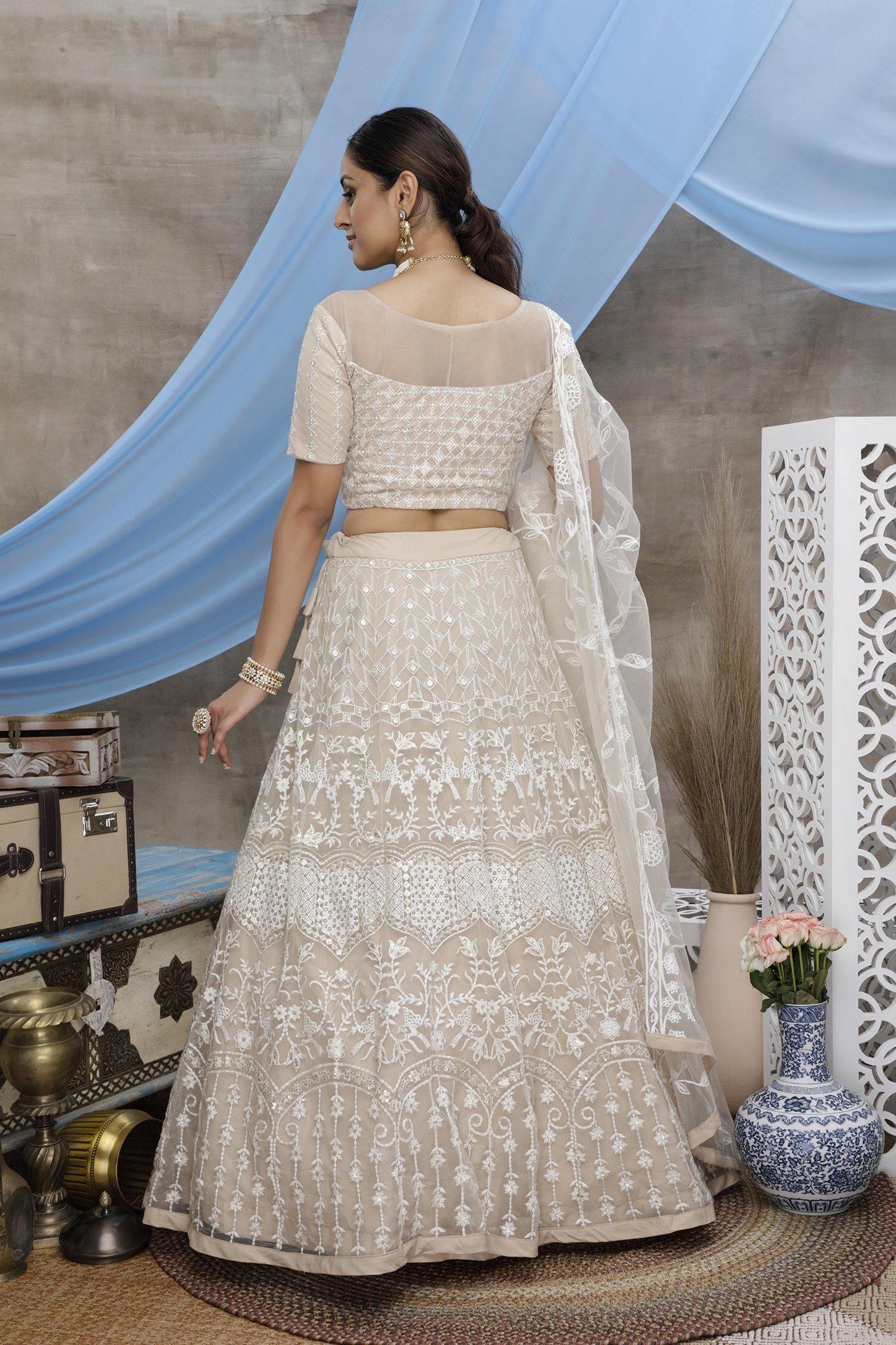Beige Net Bridal Lehenga Choli with Sequince Embroidered Work - Glamou al