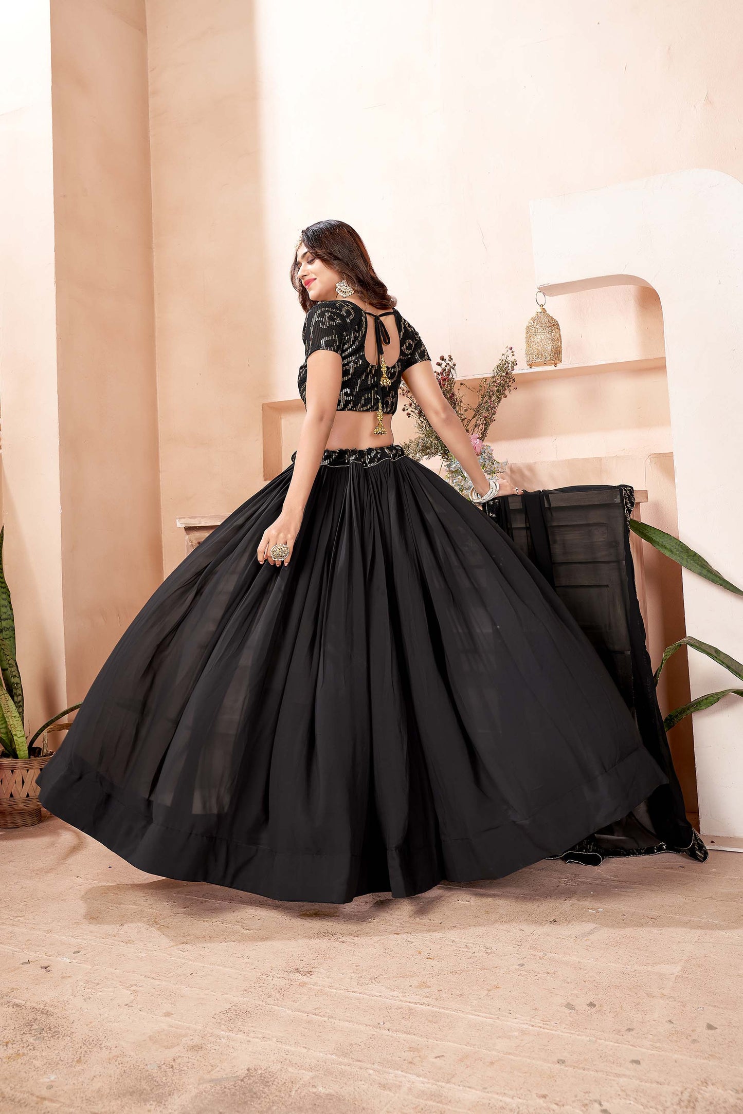 Black Color Faux Georgette Sequins Lehenga