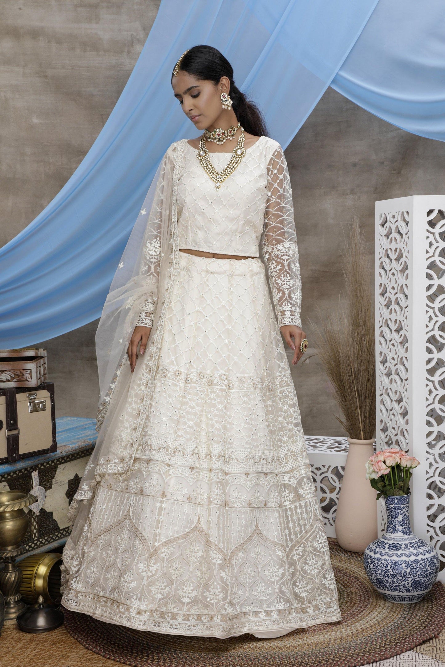White Embroidered Soft Net Lehenga Choli - - Glamou al