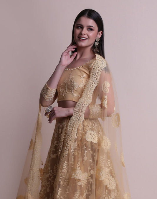 Cream Color Embroidered Net Lehenga