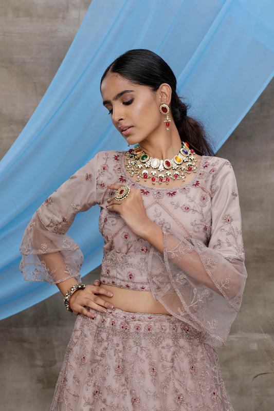 Dusty Purple Color Sequence Embroidery Net Lehenga