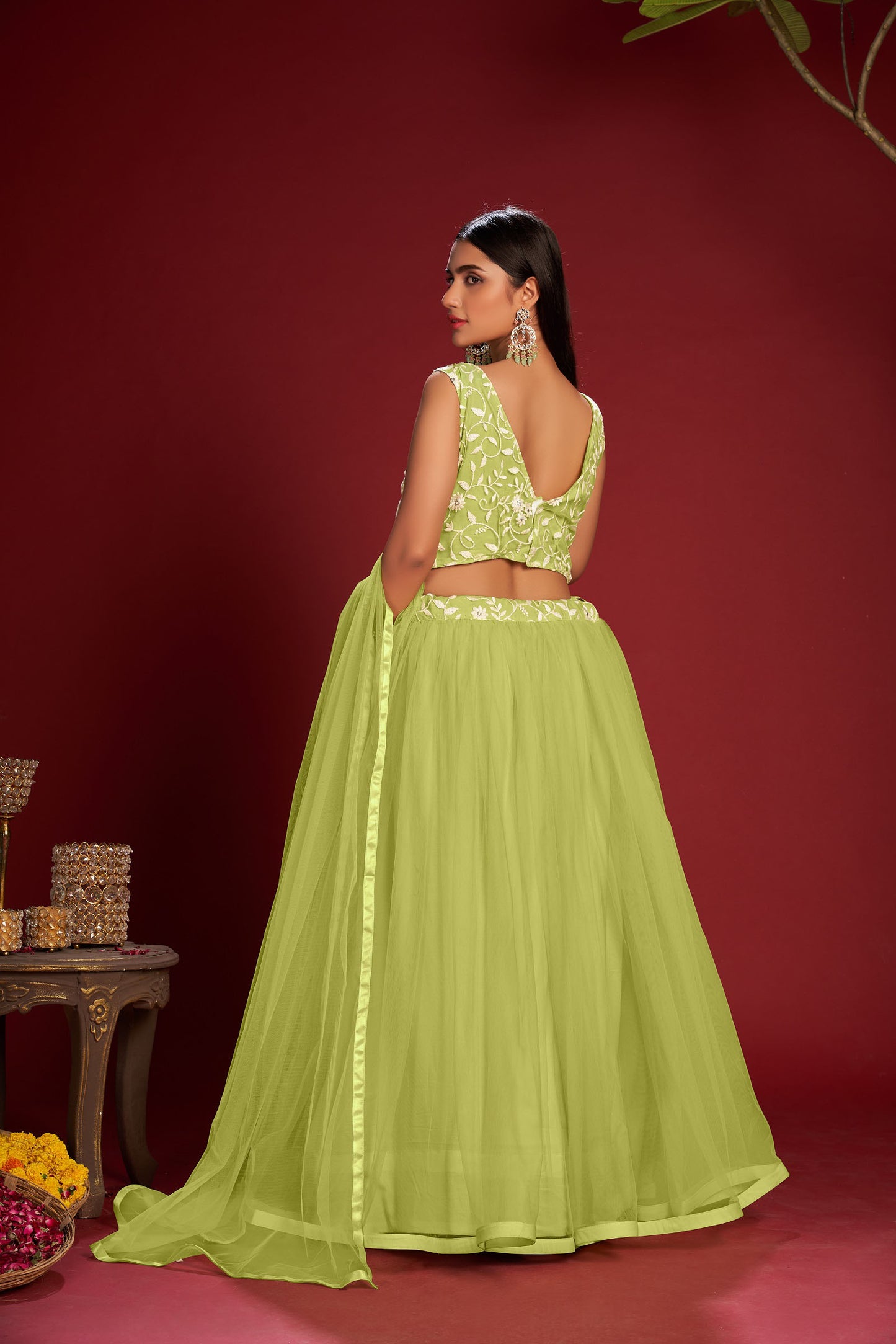 Light Green Color Embroidered Taffeta Silk Lehenga