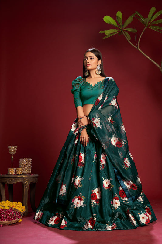 Green Color Embroidered Banglory Silk Lehenga