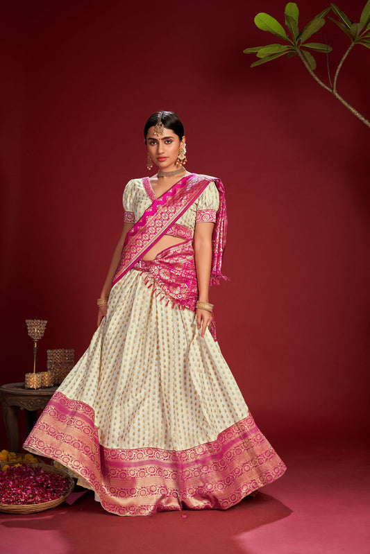 White & Pink Color Embroidered Jacquard Lehenga
