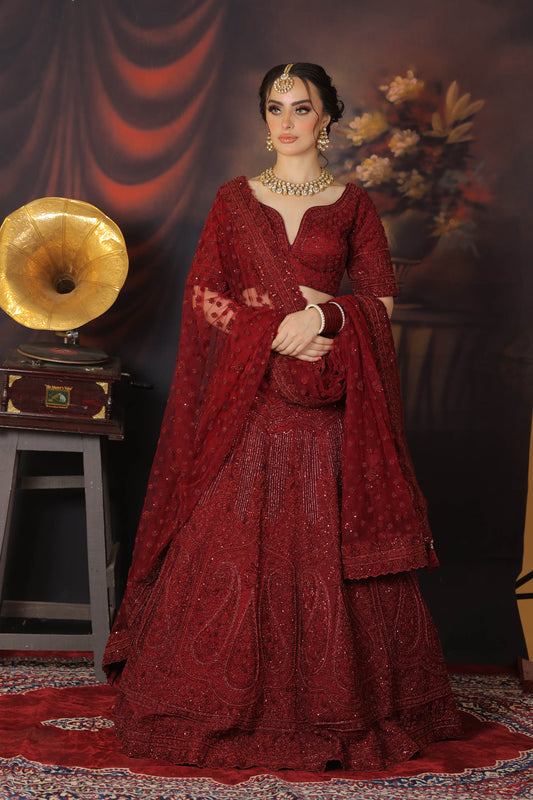 Designer Maroon Net Hand Embroidered Bridal Lehenga