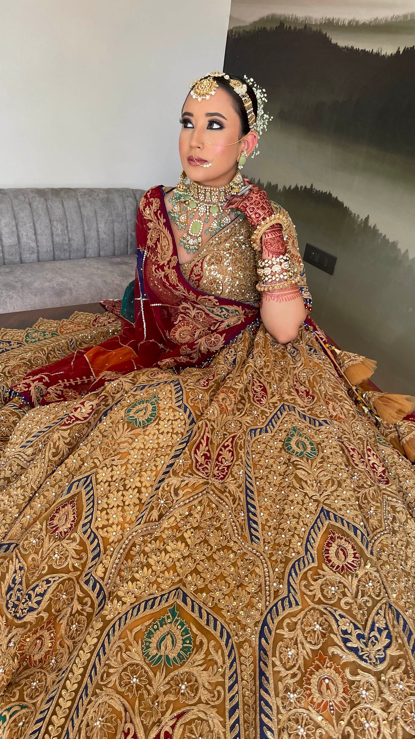 Designer Caramel and Red Net Embroidered Bridal Lehenga