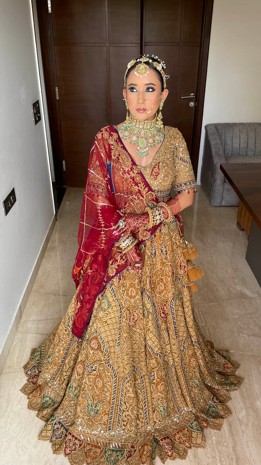 Designer Caramel and Red Net Embroidered Bridal Lehenga