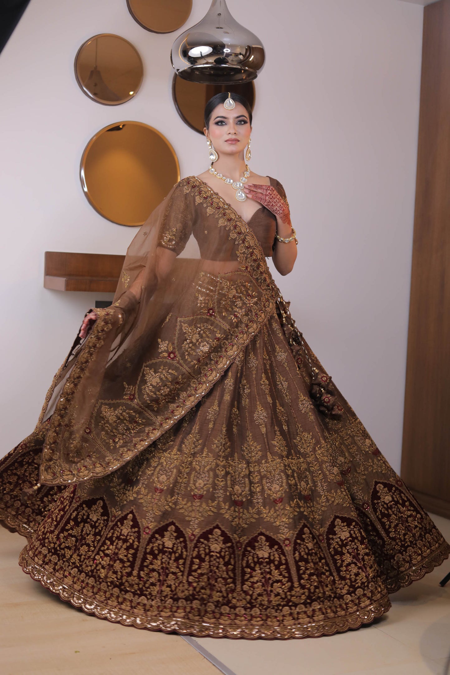 Brown Designer Raw Silk and Organza Hand Embroidered Bridal Lehenga