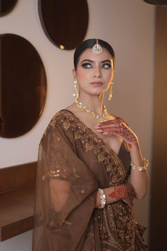 Brown Designer Raw Silk and Organza Hand Embroidered Bridal Lehenga