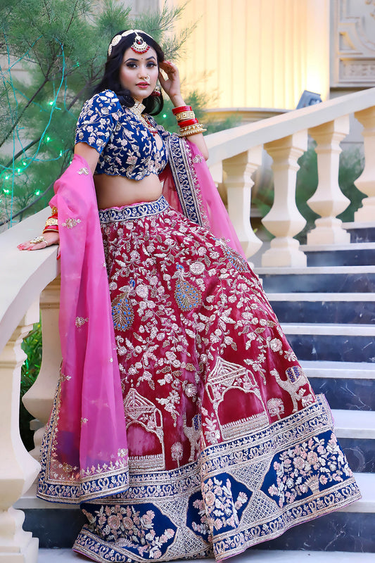 Pink and Blue Designer Velvet and Organza Hand Embroidered Bridal Lehenga
