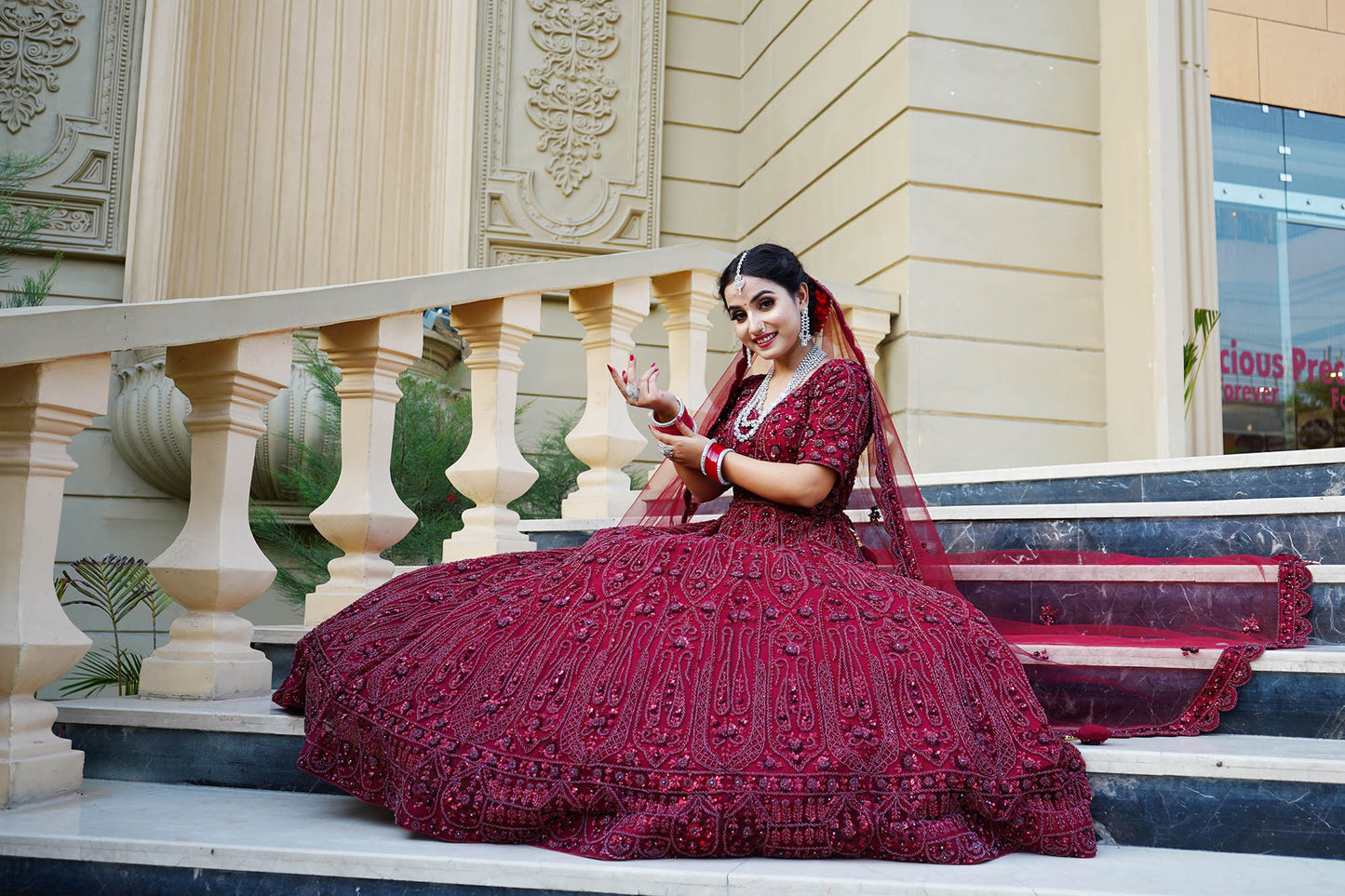 Maroon Designer Net Hand Embroidered Bridal Lehenga