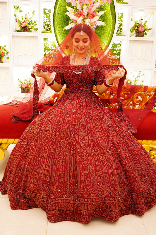 Maroon Designer Net Hand Embroidered Bridal Lehenga
