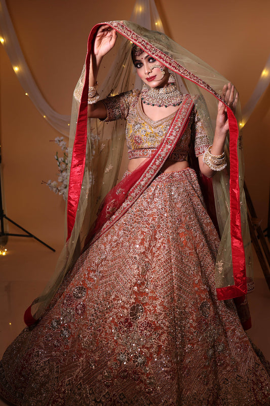 Designer Orange Color Embroidered Bridal Lehenga