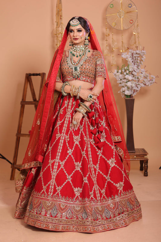 Red, Orange and mustard Designer Net Embroidered Bridal Lehenga