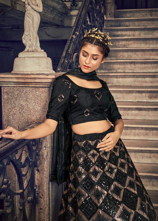 Black Net Sequence Embroidered Lehenga Set