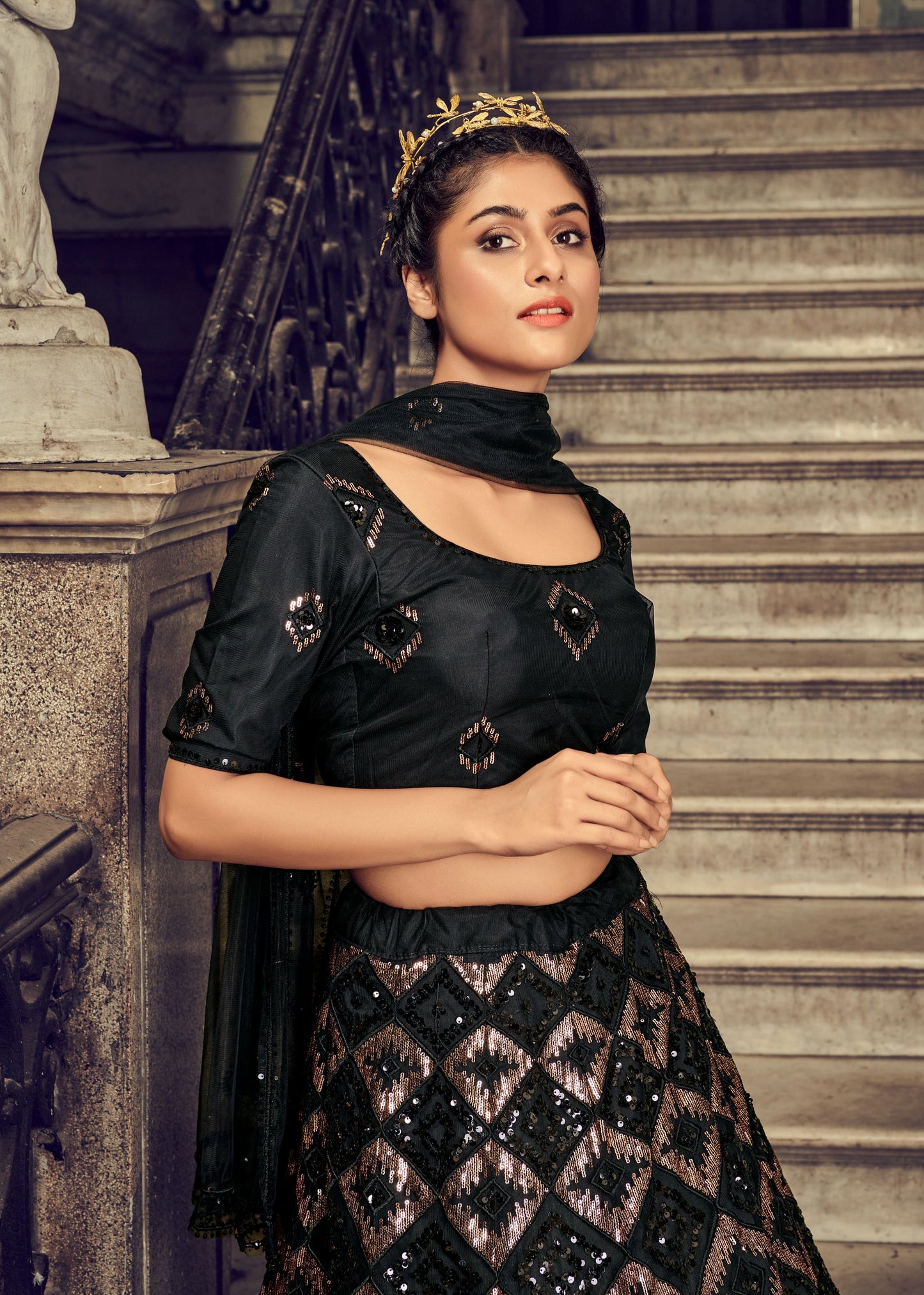 Black Net Sequence Embroidered Lehenga Set