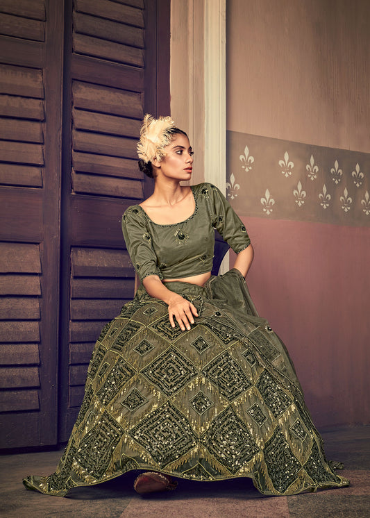 Olive Green Net Sequence Embroidered Lehenga Set