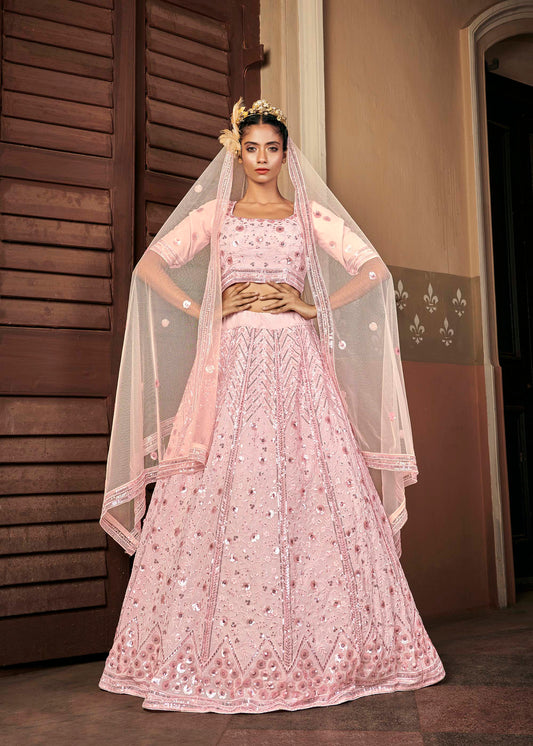Pink Georgette Sequins Work Wedding Guest Lehenga 1716