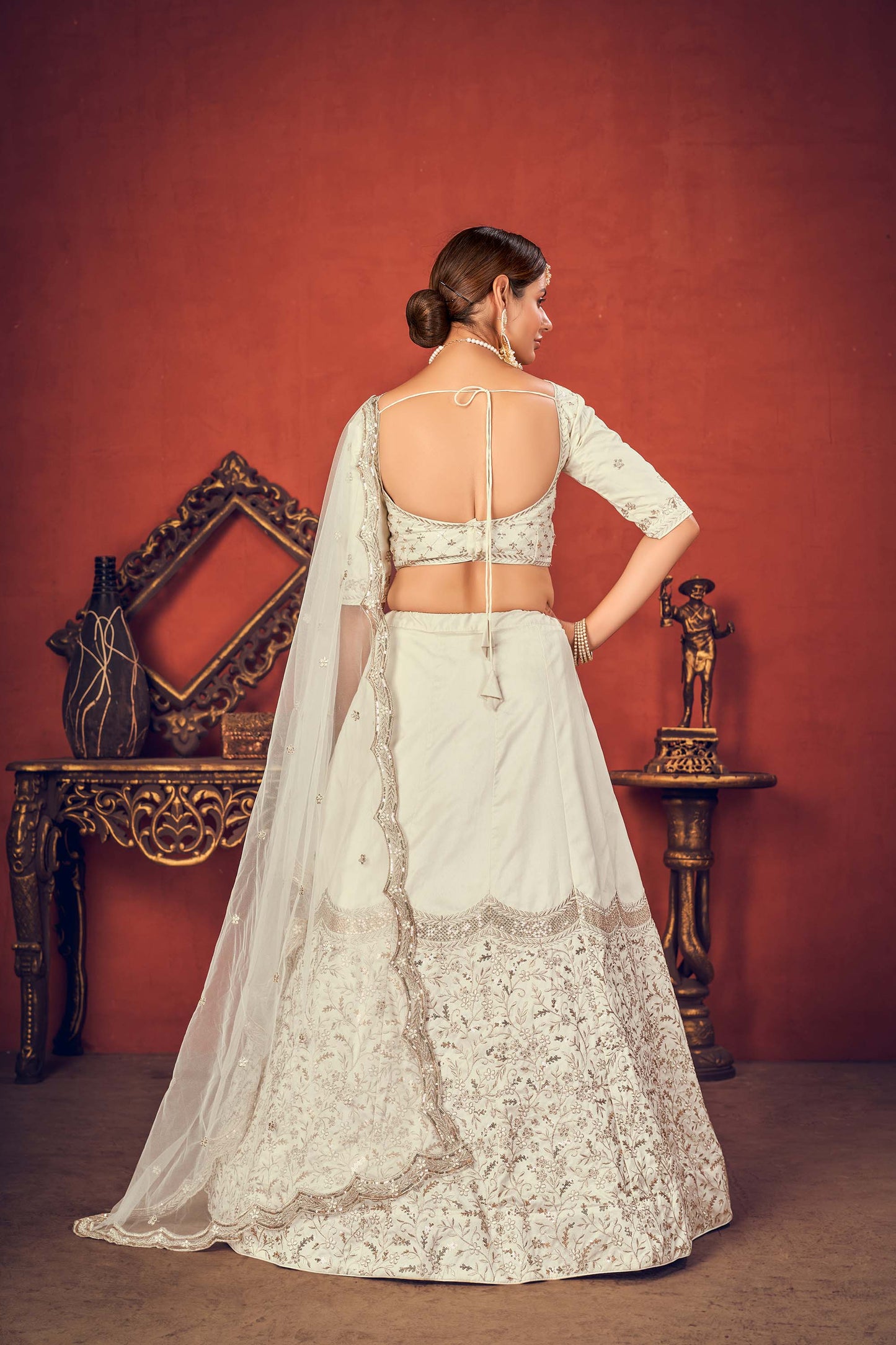 Off White Mehndi Art Silk Lehenga Choli 1761