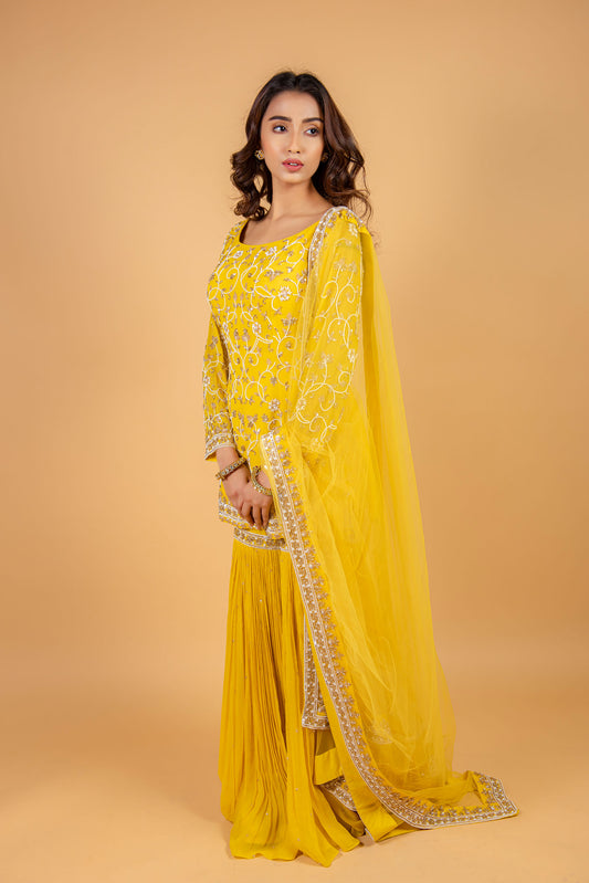 Yellow Color Net Embroidered Kurta Gharara Set for Haldi