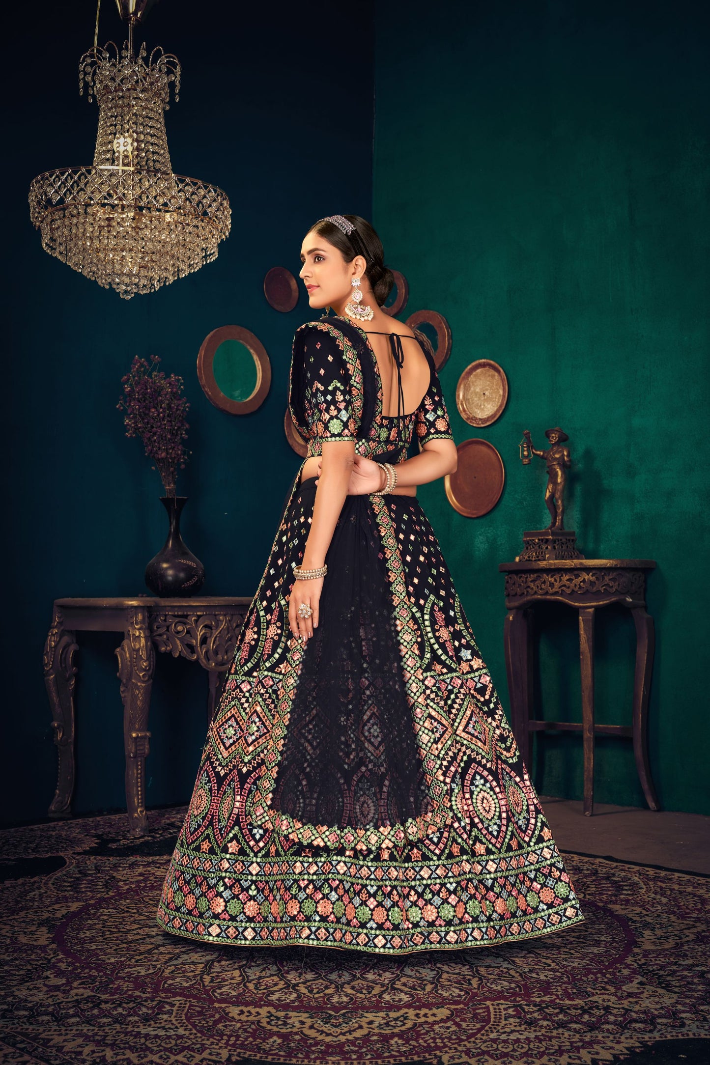 Navy Blue Georgette Net Lehenga for Wedding Guest 1821a
