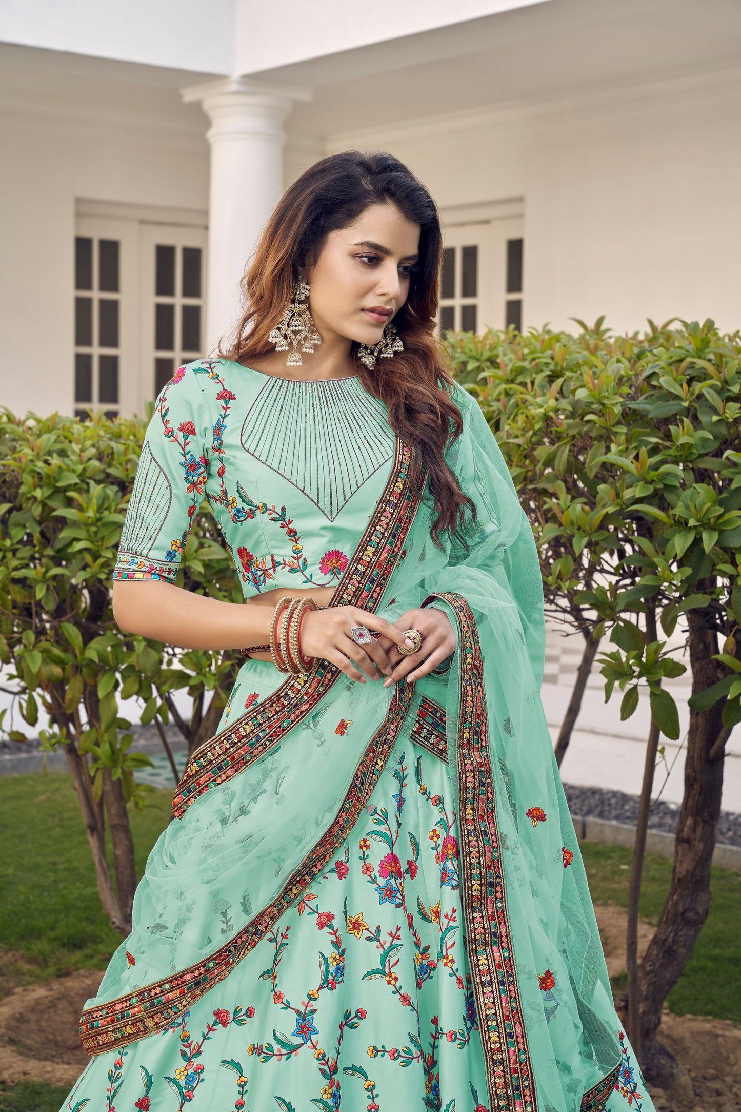 Sea Green Embroidered Sequined Lehenga for Mehendi 1913