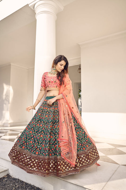 Green & Orange Embroidery Lehenga With Dupatta 1917
