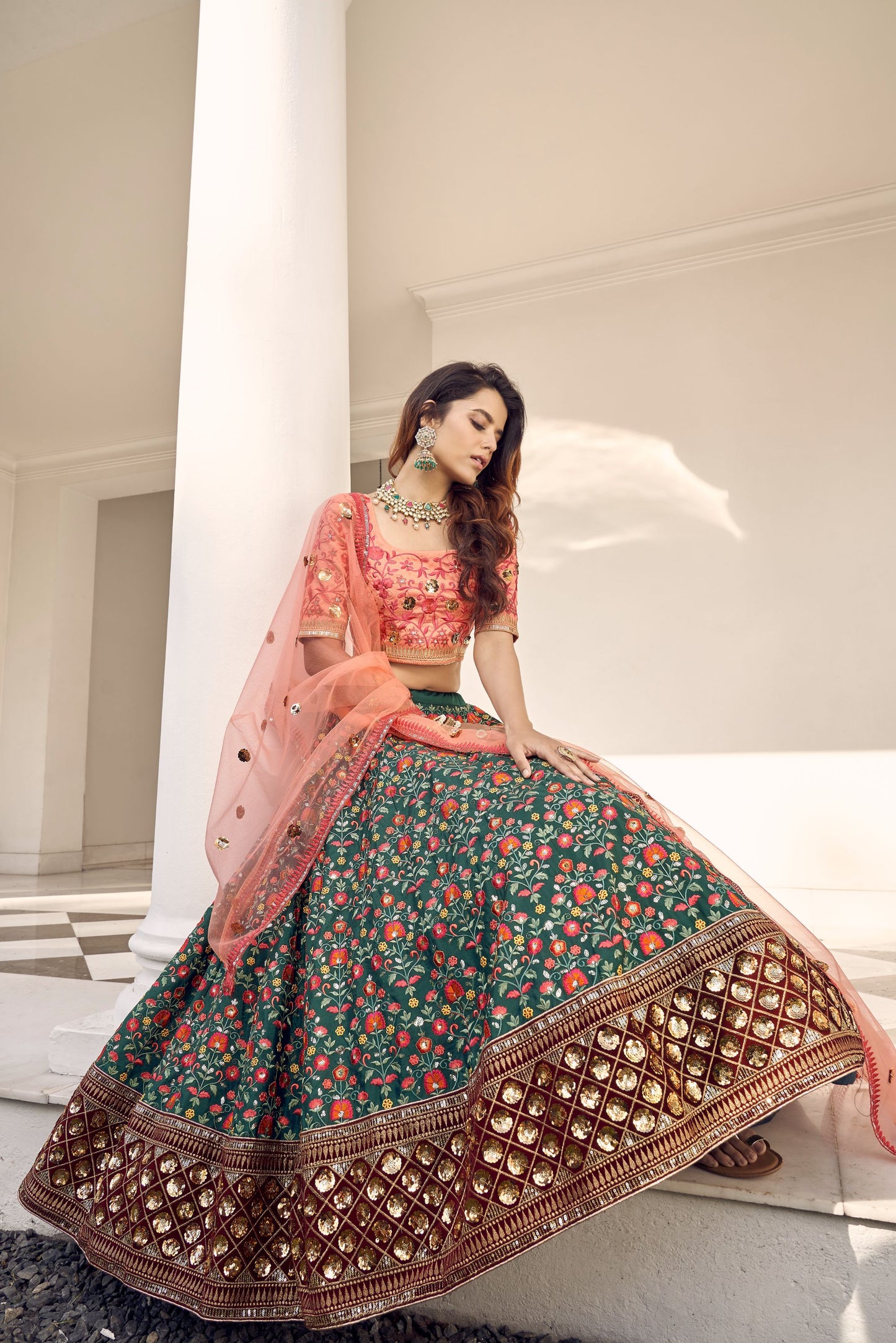 Green & Orange Embroidery Lehenga With Dupatta 1917