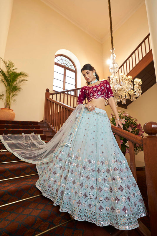 Sky Blue Embroidered Georgette Lehenga Choli for Bridesmaid 1942