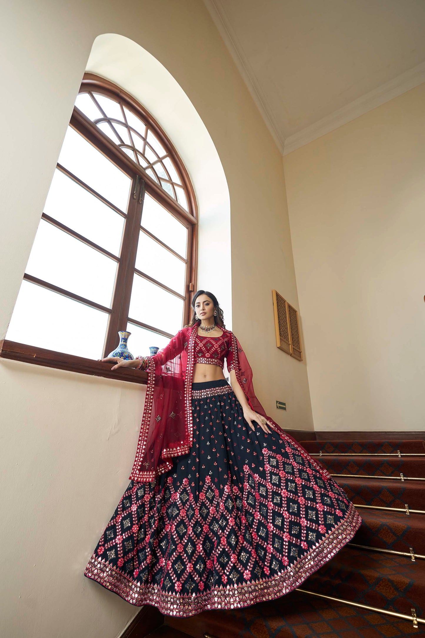 Teal Blue and Maroon Embroidered Wedding Guest Lehenga 1943