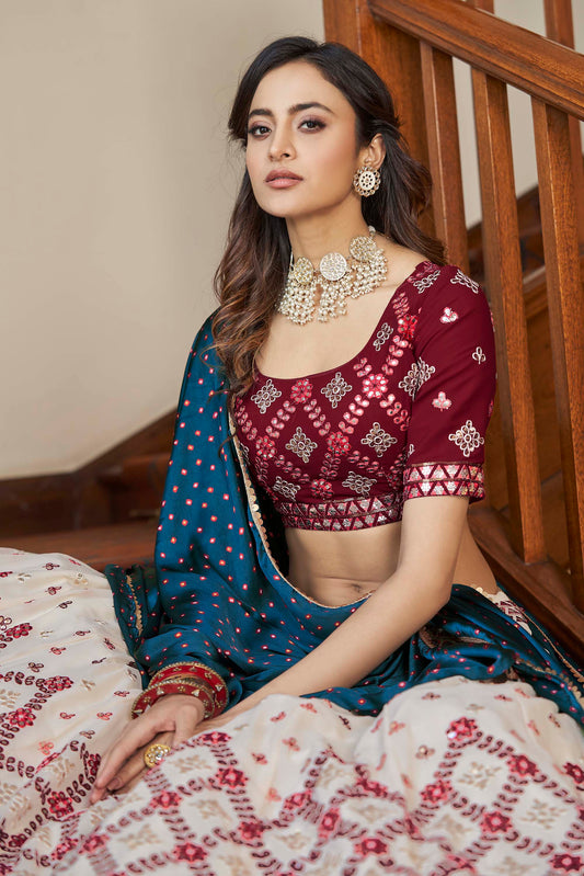 Beige and Maroon Gota Embroidered Lehenga Choli