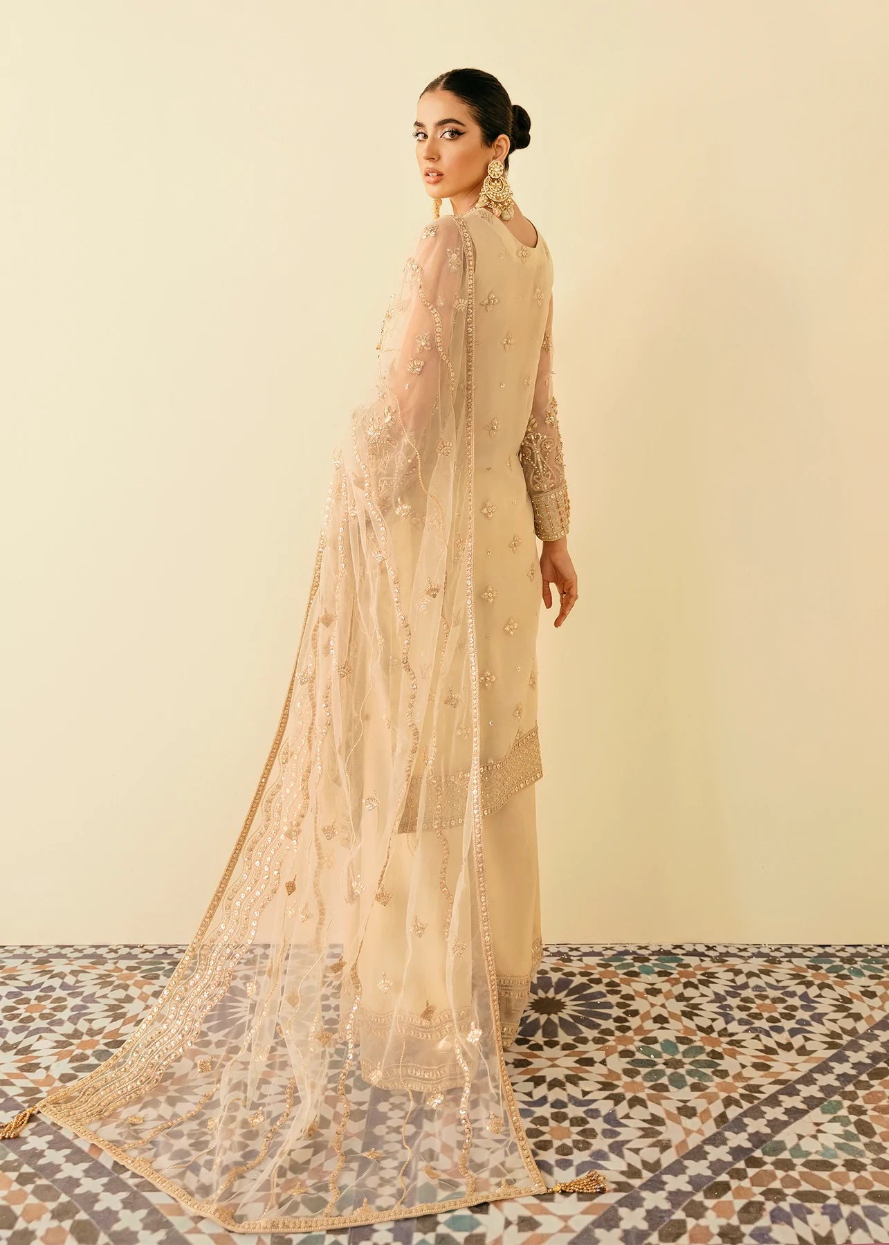 Beige Color Heavy Embroidered Organza Sharara