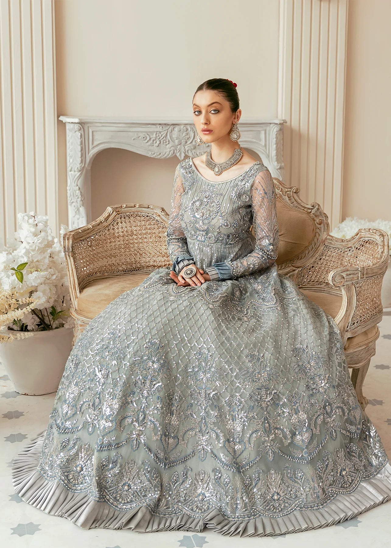 Grey Embroidered Net Bridal Anarkali