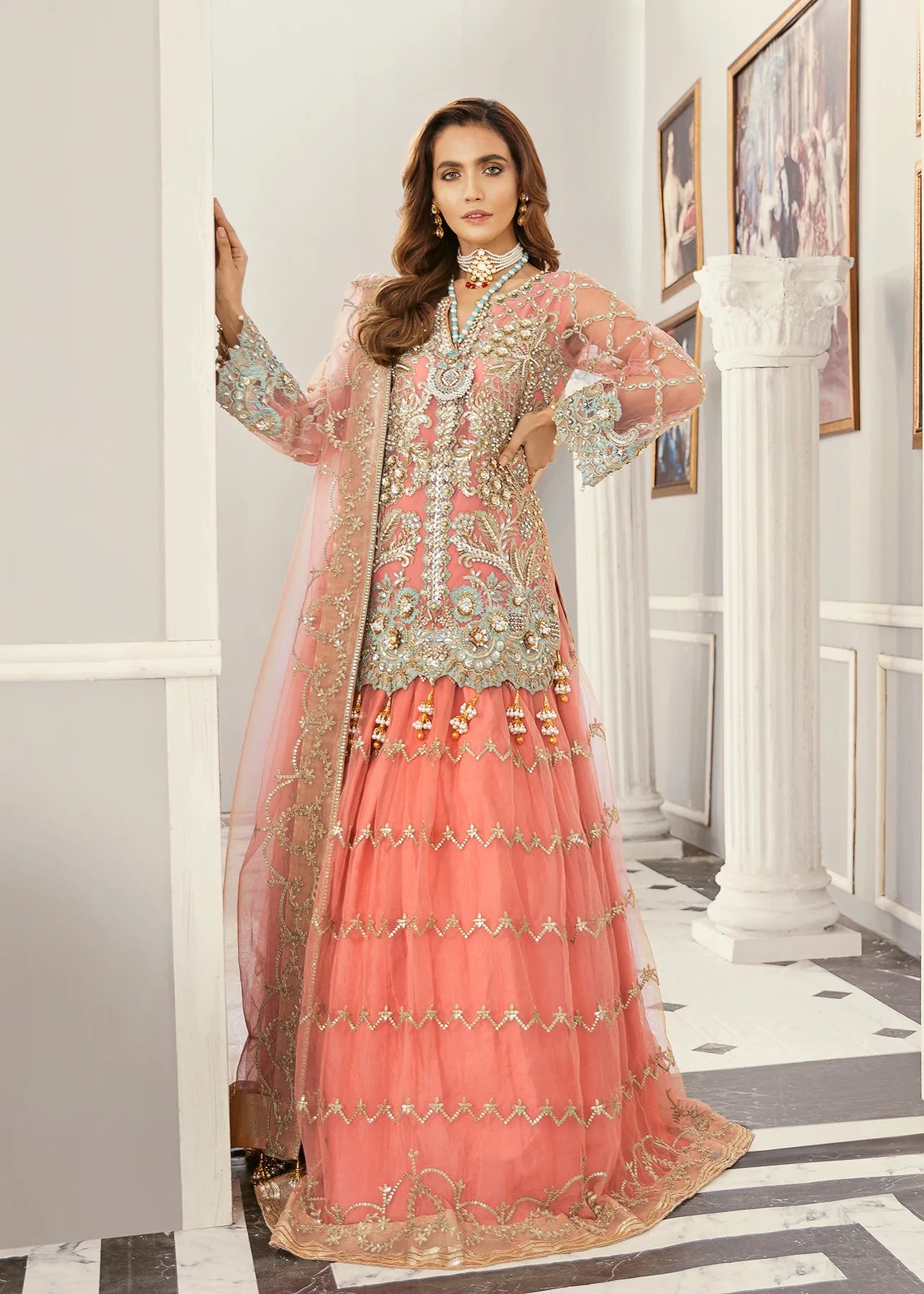 Peach Heavy Embroidery Net Pakistani Lehenga for Bridesmaid 1337 L Peach Heavy Embroidery Net Pakistani Lehenga for Bridesmaid 1337 L