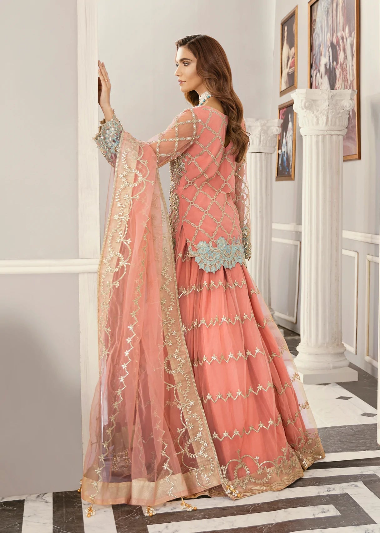 Peach Heavy Embroidery Net Pakistani Lehenga for Bridesmaid 1337