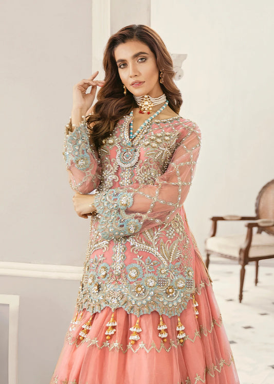 Peach Heavy Embroidery Net Pakistani Lehenga for Bridesmaid 1337