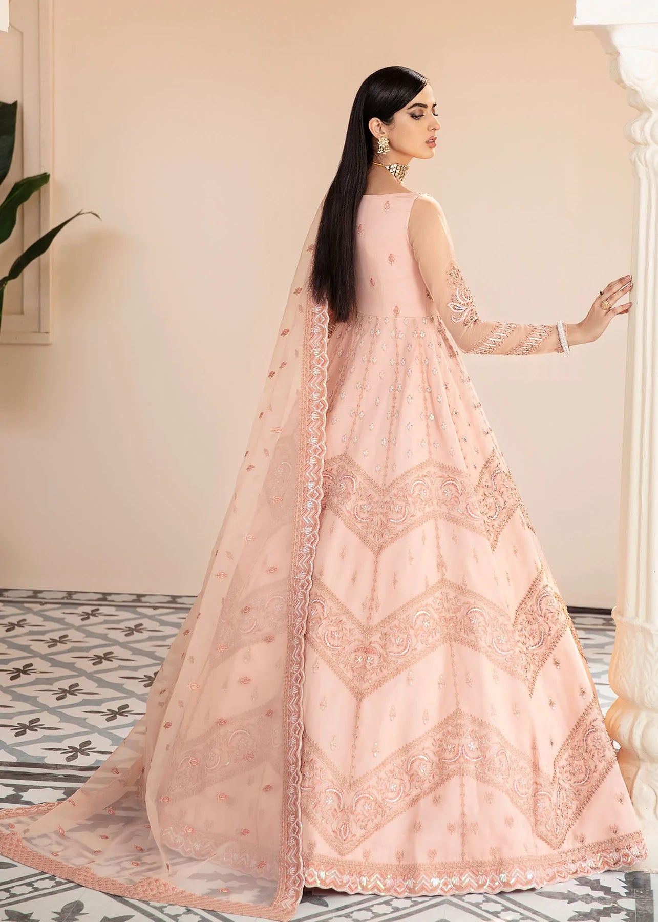 Peach Embroidered Organza Bridal Anarkali