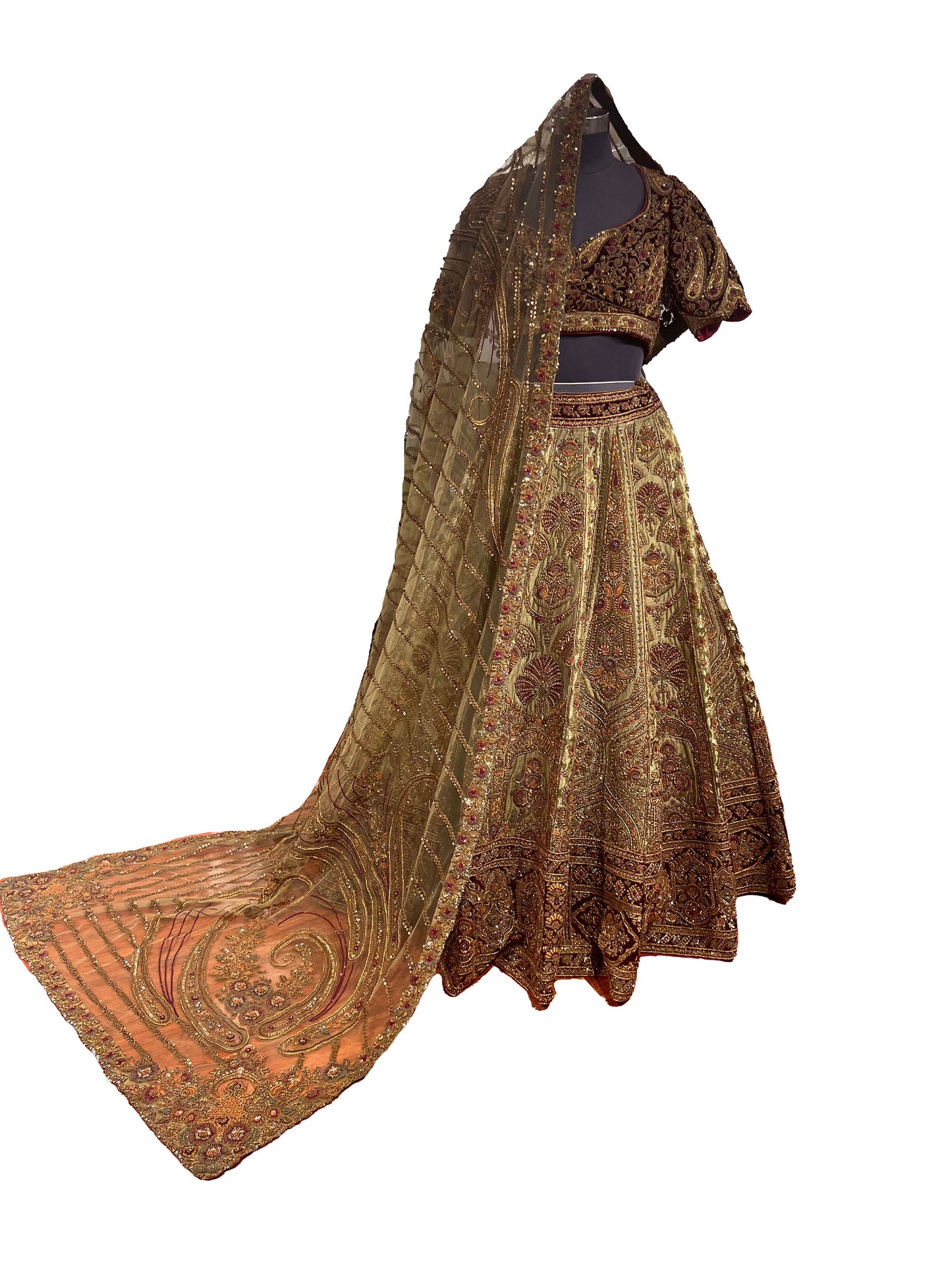 Designer Mehendi Brocade Hand Embroidered Dilbaug Bridal Lehenga