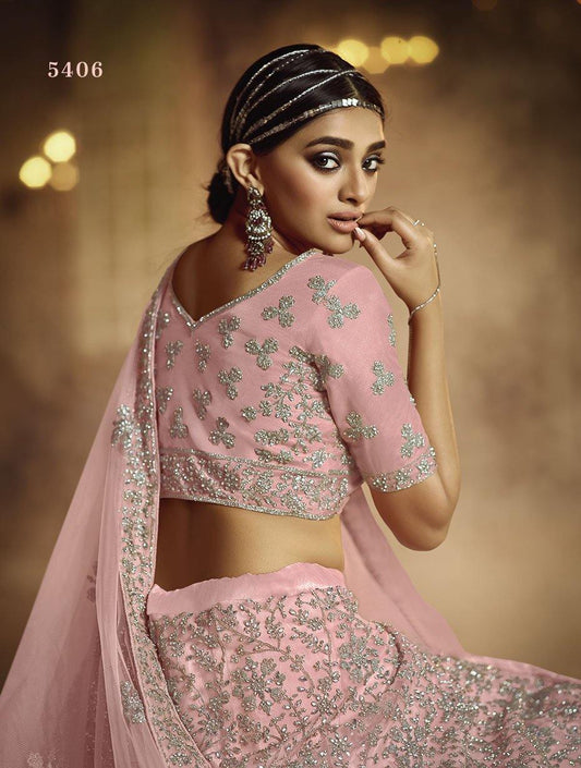 Pink Fabric Soft Net Bridal Lehenga Size - Glamou al