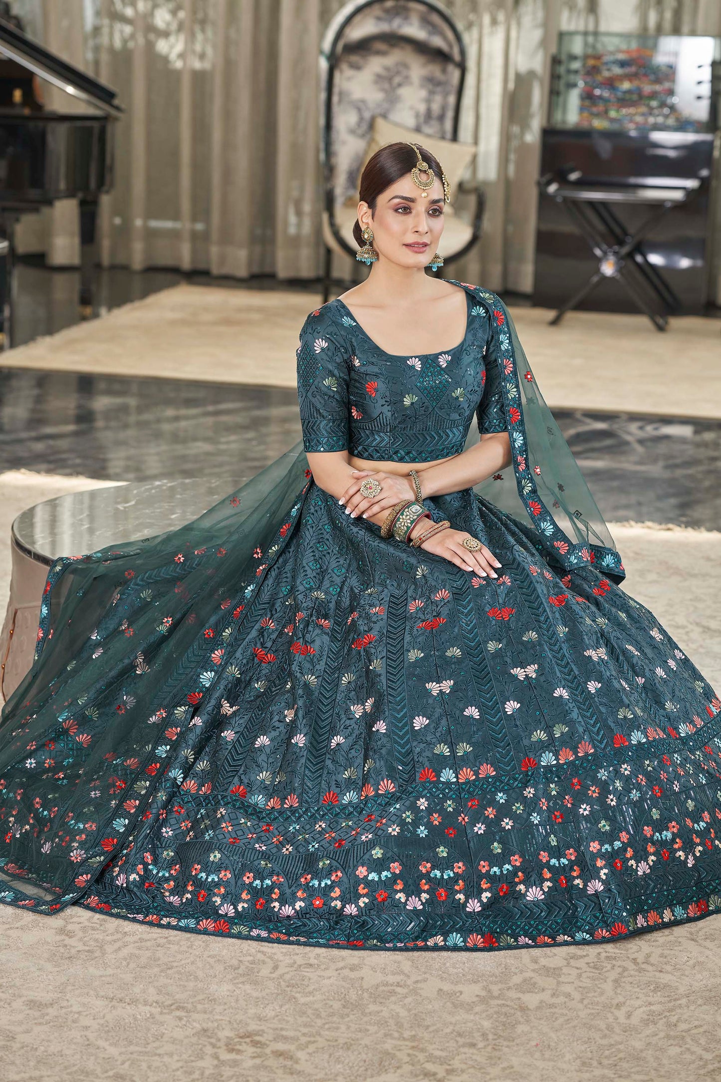 Marvelous Teal Green Color Artsilk Lehenga