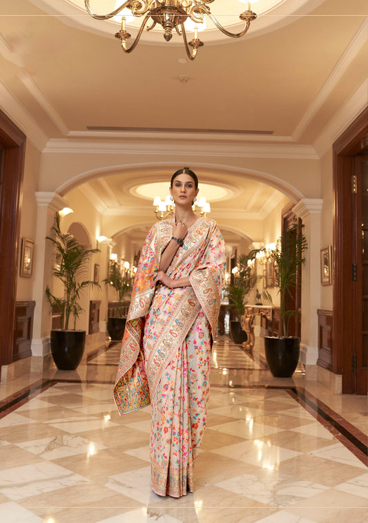 Off-White Kashmiri Silk Woven Saree