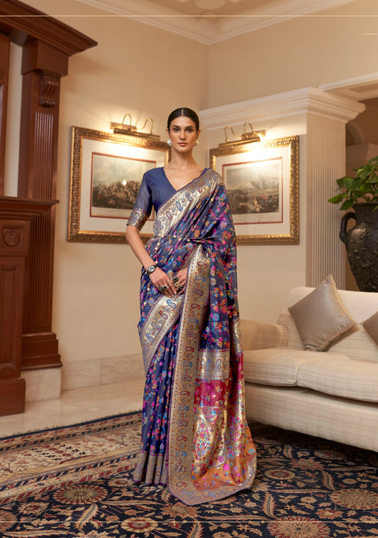Navy Blue Kashmiri Silk Woven Saree