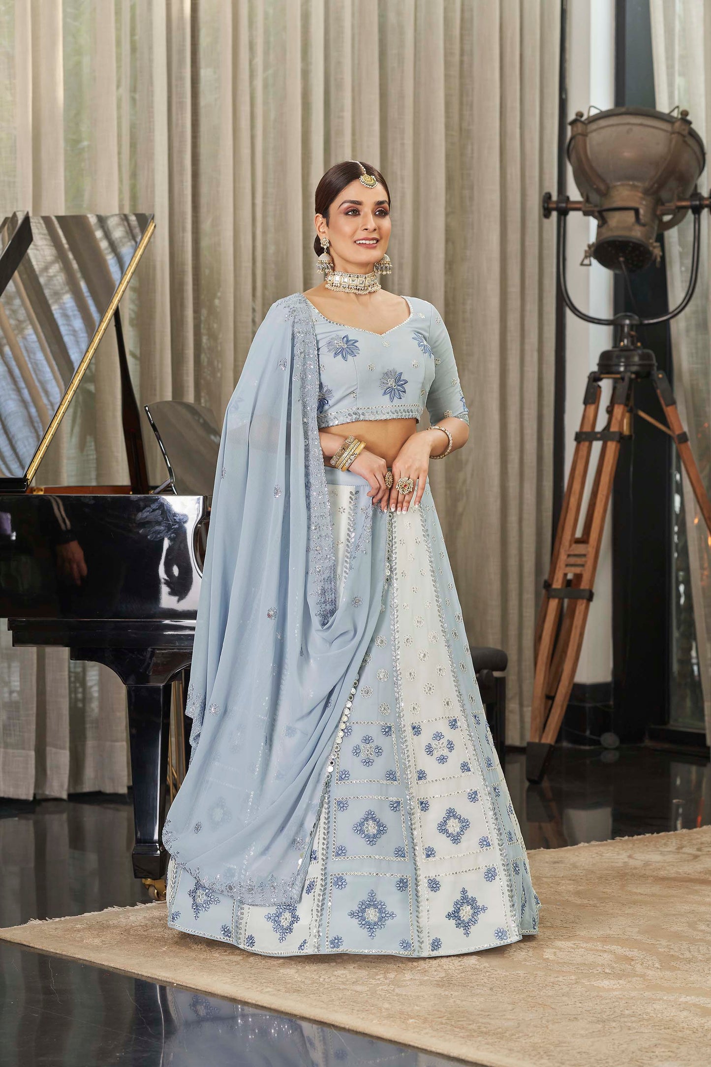 Grey and Off White Sequins Embroidery Lehenga
