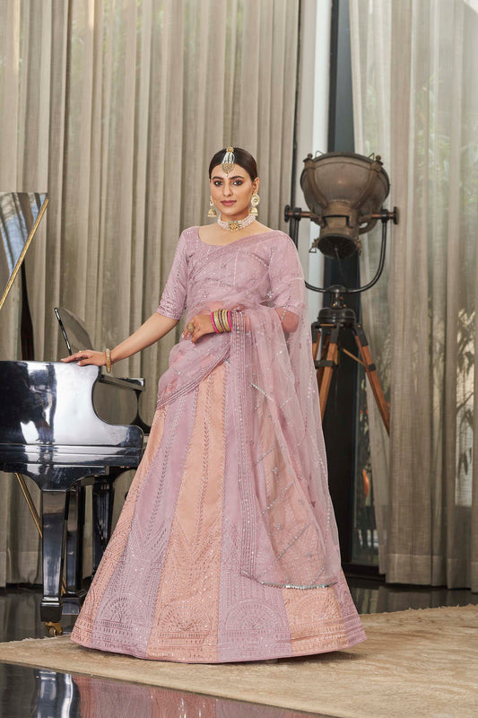 Peach Sequins Work Wedding Guest Lehenga 2013