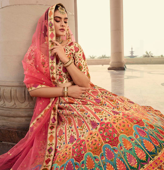 Beige and Pink Art Silk Printed Lehenga for Bridesmaid 2031