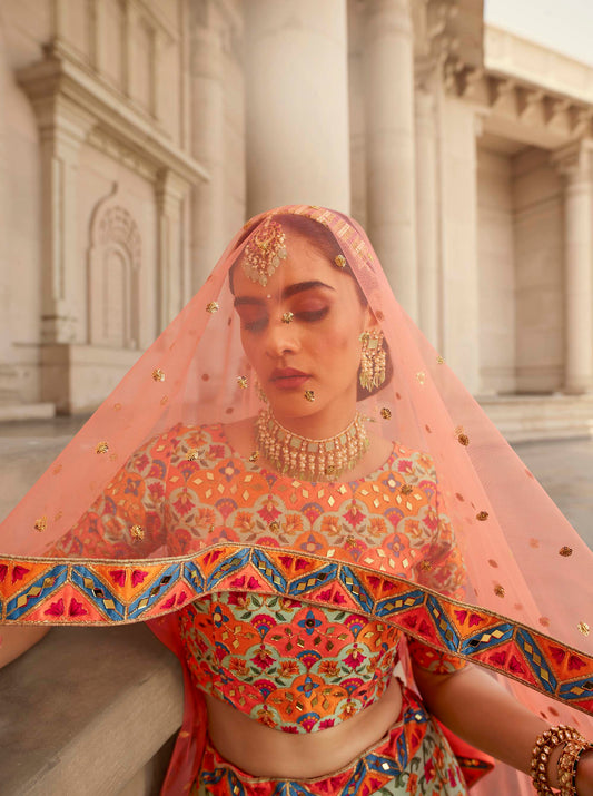 Multicolor Mirror Work Art Silk Lehenga Choli